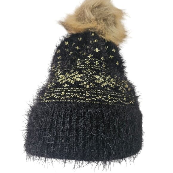 Unbranded Black Metallic Gold Furry Knit Beanie Faux Fur Pom-Pom Unisex OS - Picture 2 of 11